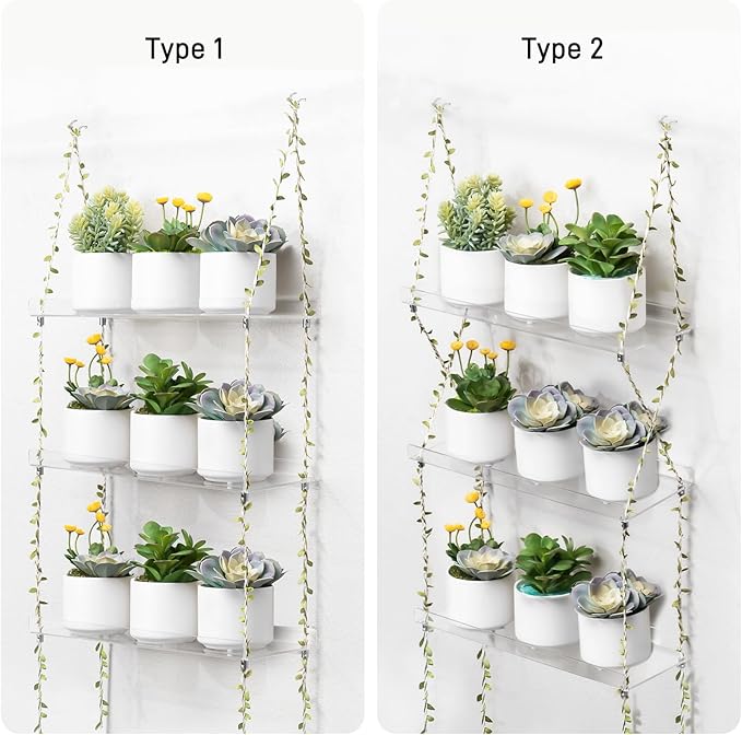 Sumerflos Acrylic Window Boxes Plant Shelves 3 Tier - Clear Hanging Shelf Indoor Jute Twine Adjustable Plant Holder for Window Wall Living Room Balcony Natural