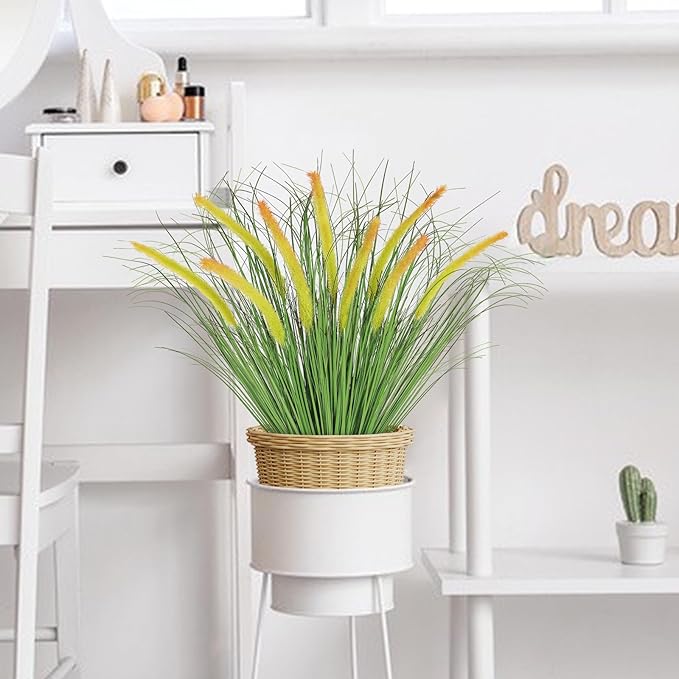 24PCS Artificial Yellow Dog Tail Grass Onion Grass UV Resistant Outdoors Faux Shrubs Ornamental Wheat Grass Cattails Faux Bushes Home Decor for Outdoor Garden