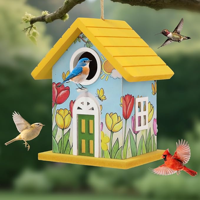 Wooden Bird Houses Bird House for Outside Yellow Wood Bird House for Outdoors,Handmade Painted Tulips Bird Houses for Garden Blue Bird Hummingbird Wren Cardinal Swallow Sparrow Finch Chickadee