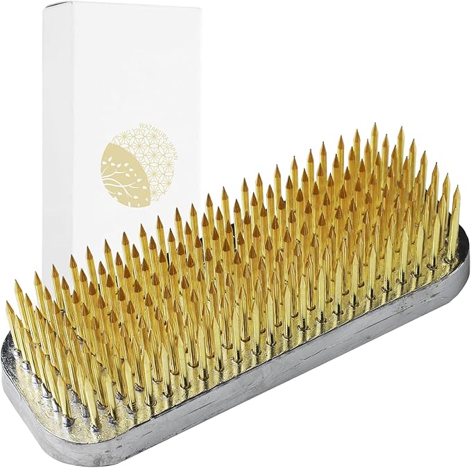 Wazakura Japanese Ikebana Kenzan Long Rectangular Flower Holder 3.4 in (87 mm), Made in Japan Floral Arranging Pin Frog Tool (3.4" (87mm) Long Rectangular Brass Kenzan)