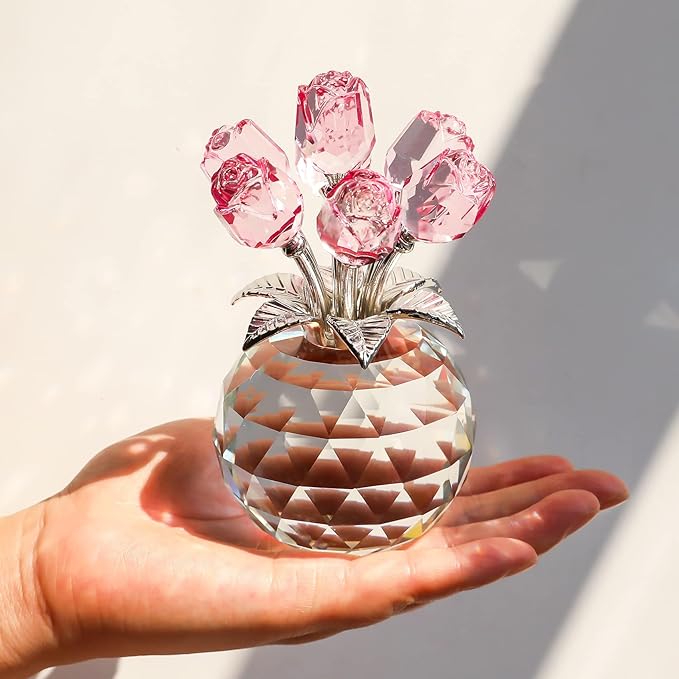 YWHL Handmade Crystal Pink Rose Flower Figurine with Round Vase, Rose Gifts for Girlfriend Wife Sister, Romantic Gifts for Mom on Mother's Day Birthday Anniversary, Wedding Home Decorations