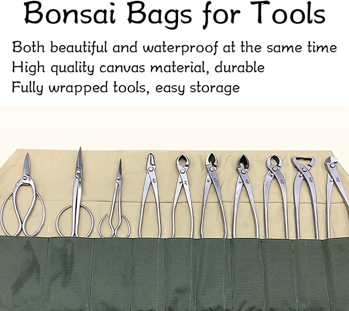 Tyenaza Bonsai Tool Roll, 10-Pocket Waterproof Canvas Bonsai Tool Case Heavy Duty Multifunctional Tool Pocket Bag Bonsai Tools Storage Bag