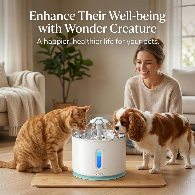 Wonder Creature Cat Water Fountain 2.4L/81oz for Multiple Cats, Stainless Steel Lid Automatic Pet Fountain with Ultra Quiet Pump, LED Light & Water Level Window