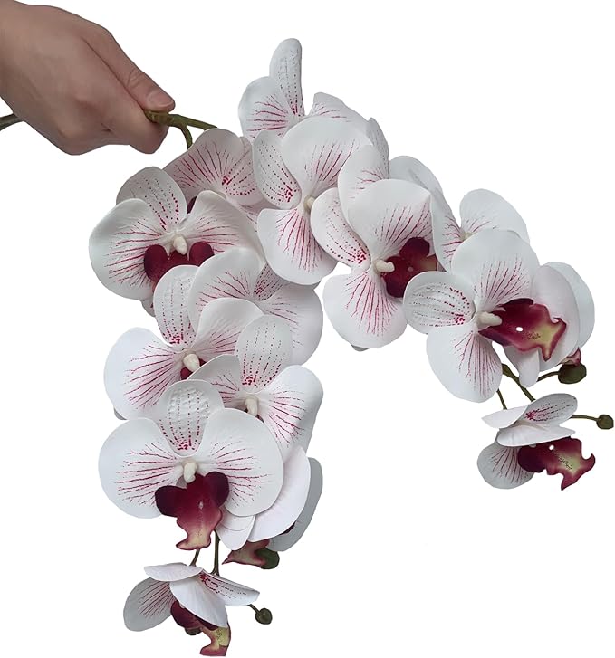 FagusHome 32 Inch Artificial Phalaenopsis Flowers 6 Pcs Artificial Orchid Flowers Stem Plants for Home Décor (White and Purpleline)