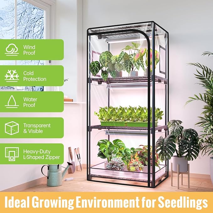 Indoor Greenhouse with Grow Light, 4-Tier Plant Stand with Zippered PVC Tent, Ventilation Window, Bottom Pouch, 20W Full Spectrum Plant Light with Timer for Seed Starting, 27"L x 19"W x 59"H