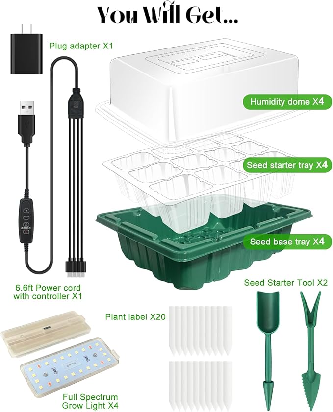 Seed Starter Tray with Grow Light (4x 24-LED), 4 Pack 48-Cell Seed Starter Kit with Humidity Domes and Timing Controller, Adjustable Brightness, Reusable Thicken Seedling Starter Tray Germination Kit