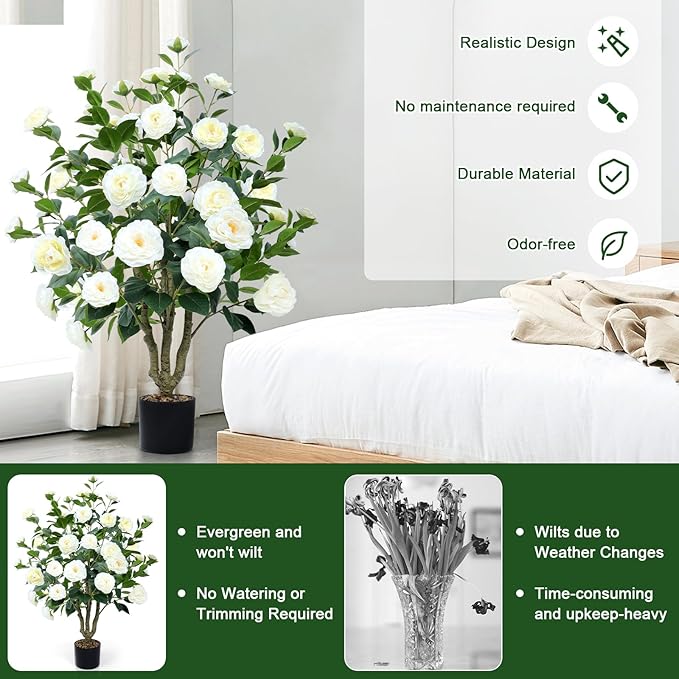 Artificial Camellia Tree 2 Pack 42" Faux Camellia Plant in Pot with 32 Blooming Flowers Fake Flower Tree Greenery Potted Plant for Indoor Outdoor Office Home Porch Decor White