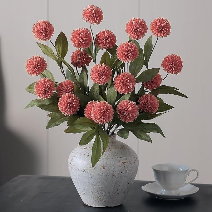 VIERENA 6 Pcs Faux Silk Pompon Mum Artificial Flowers for Vase -27", Bulk Fake Chrysanth Branches with Stems for DIY Bouquet Centerpieces Wedding Fillers Arrangements Shower Decorations (Dusty Pink)