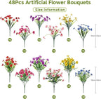 Alupssuc 48 Bundles Artificial Flowers for Outdoors Decoration, UV Resistant Silk Faux Floral Spring Fake Plastic Plants Greenery for Outside Indoor Home Garden Porch Window Box Decor, Mix 6 Colors