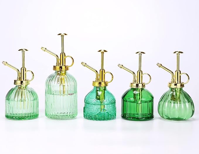 Glass Plant Mister Spray Bottle, 7.5" Green Glass Water Spray Bottle with Gold Top Pump Small Watering Can, Small Plant Sprayer Mister for Indoor Outdoor House,(Green+Gold E)