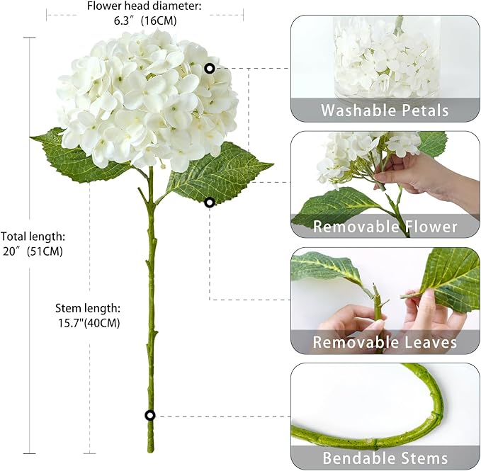 ZYTUYO 20 inches 4 Pcs Ivory White Real Touch Hydrangea Artificial Flowers Boho Lifelike Real Looking Latex Hydrangeas Flower with Long Stem for Home Decor Spring Table Centrepiece
