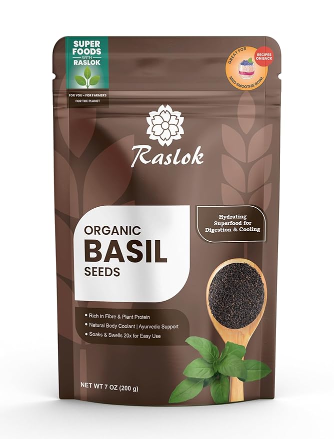 Raslok Basil Seeds (Sabja/Tukmaria) 7 oz | Natural Body Coolant & Fiber-Rich Superfood | Aids Digestion & Hydration | Non-GMO, Vegan, Gluten-Free | Resealable Pack