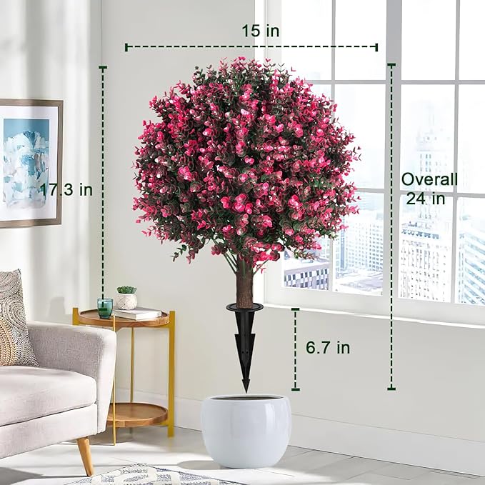 Artificial Rose Boxwood Topiary Ball Bush for Outdoor with Spike, Set of 2 UV Resistant Faux Boxwood Ball Tree with Stake Weatherproof Fake Round Topiary Shrub Plant for Front Porch