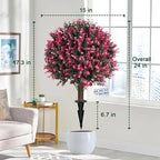 Artificial Rose Boxwood Topiary Ball Bush for Outdoor with Spike, Set of 2 UV Resistant Faux Boxwood Ball Tree with Stake Weatherproof Fake Round Topiary Shrub Plant for Front Porch