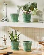 Metahom Ceramic Plant Pots, 4.9 Inch Flower Pots with Drainage Hole & Saucer, Decorative Planter Pots for Indoor Plants, Small Pots for Succulent, Catus, Home Decor, Set of 4, Green