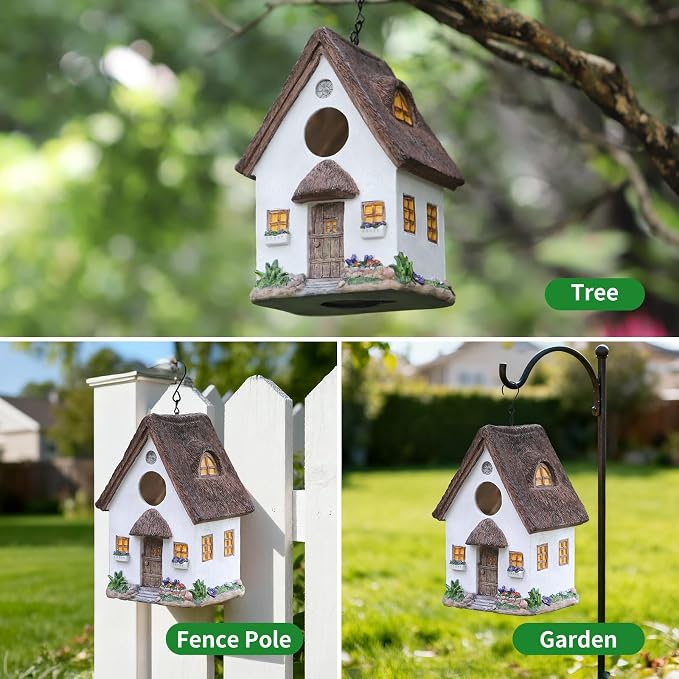 Bird Houses for Outside Rustic Cottage Birdhouse with Thatch Roof – Hand-Painted Resin Birdhouses for Outdoors for Bluebird Finches Cardinals Bird Nesting Garden, Patio, Yard