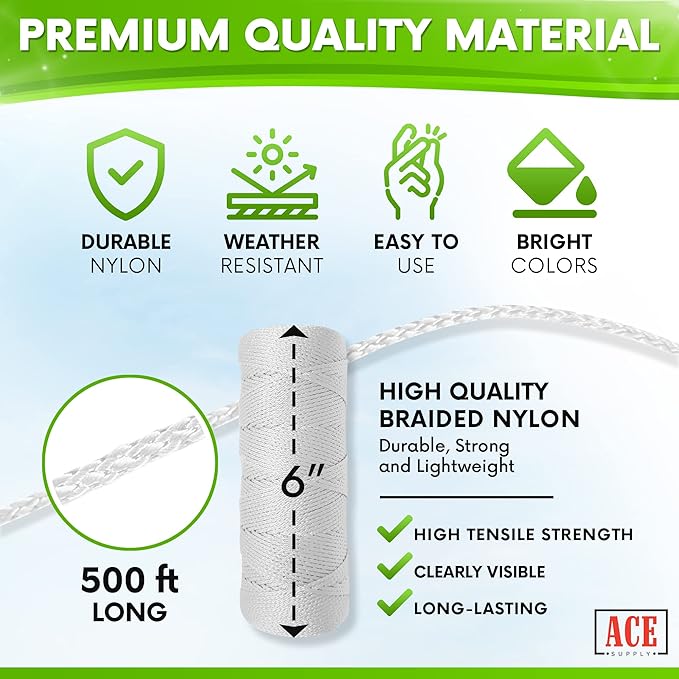 White Mason Line String Line - 144 Roll Pack - #18 Braided Nylon String - 250 Ft Length Per Roll - Nylon Twine for Gardening Or Masonry Tools - Perfect Construction String for A String Level