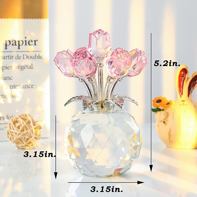 YWHL Handmade Crystal Pink Rose Flower Figurine with Round Vase, Rose Gifts for Girlfriend Wife Sister, Romantic Gifts for Mom on Mother's Day Birthday Anniversary, Wedding Home Decorations
