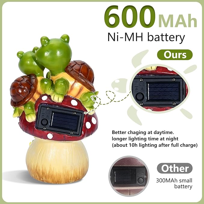 Solar Light Turtle Garden Statue, Turtle on Mushroom Figurine Lovely Tortoise Garden Statue with 5 LED Lights for Patio, Balcony, Yard, Housewarming, Gifts for Mom, Outdoor Lawn Decorations Mother Day