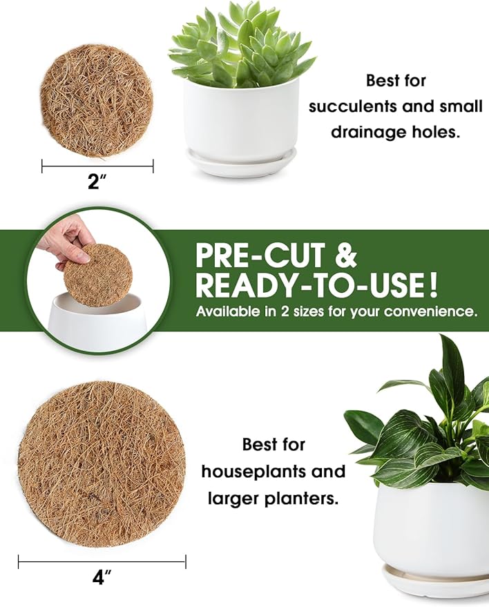 LE TAUCI Coconut Coir Drainage Mesh Pads for Flower Pots, Pre-Cut 4 Inch Pot Hole Covers to Prevent Soil Loss, Natural Coir Fiber Liners for Indoor & Outdoor Planters, 10 Pack
