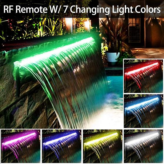 PONDO Pool Fountain, Stainless Steel Waterfall Spillway with Wider Water Flow Platform, Multi-Color LED Light & Spillway Cleaning Kit for Garden Outdoor Decoration (12 inch)