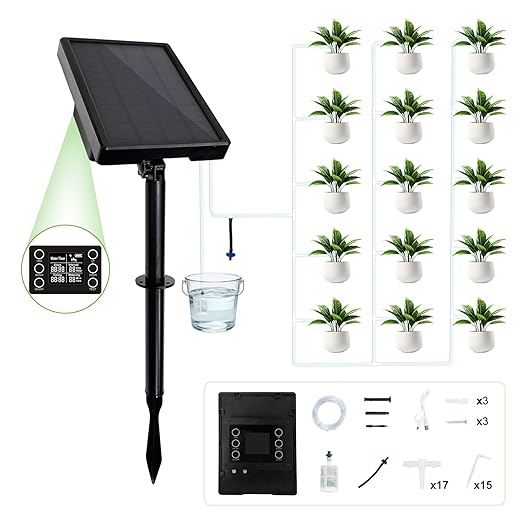 Display and Solar 2 in 1 Automatic Watering System for 15 Pots Plants, Anti-Siphoning Watering Drip Irrigation System Device Kit, Smart Timer & Manual for Indoor Garden Farm Greenhouse Balcony & Patio