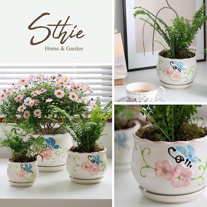 Ceramic Plant Pots with Drainage Holes and Saucers, Round Flower Pots for Indoor Plant, 4/5.2/6.6 Inches Flower Large Planters Set of 3