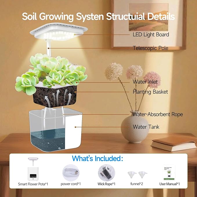 Multifunctional Intelligent Flower Pot,Indoor Desktop Green Hydroponics Planting Flowerpot with Bluetooth Speaker,Adjustable Plants LEDGrow Light,humidifier, Air Purification,Desk lamp