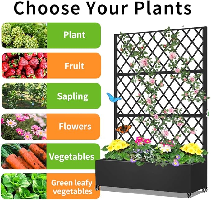 Metal Planter Box with Privacy Screen Trellis,Galvanized Raised Garden Bed On Wheels for Climbing Plants Vines, Standing Garden Flower Bed with Drainage Holes (Black, 47" L x16 W x 73" H)