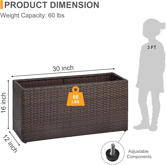SUNNYPARK Brown Rectangular Planter Box All-Weather PE Rattan Large Modern Planters with Removable Liner Indoor Outdoor Decorative Flower Pot for Patio, Balcony, Garden