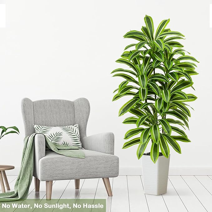 Artificial Yellow Dracaena Tree - 5FT Tall Fake Plants with White Tall Planter - Artificial Plants Indoor Floor Plant in Pot - Large Tropical Fake Yucca Potted Tree for Home Office Living Room Decor