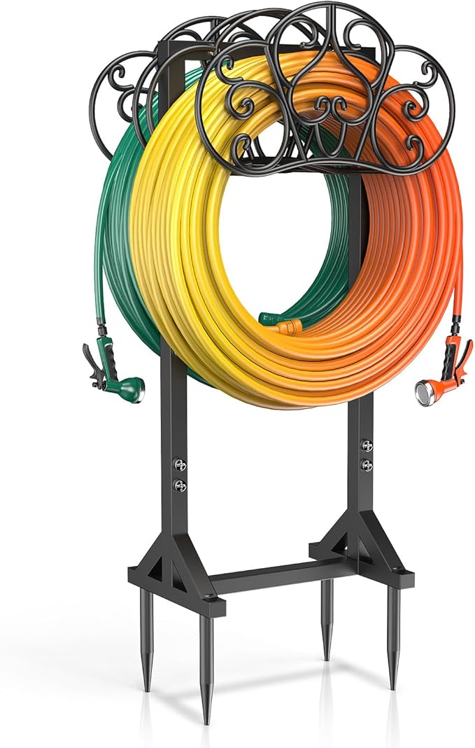 Garden Hose Holder Holds 2 * 160Ft Hoses, Heavy-Duty Freestanding Water Hose Holder with 4 Spikes, Rustproof Hose Stand Hose Hanger Storage Hose Rack for Outside, Yard, Lawn, Farm