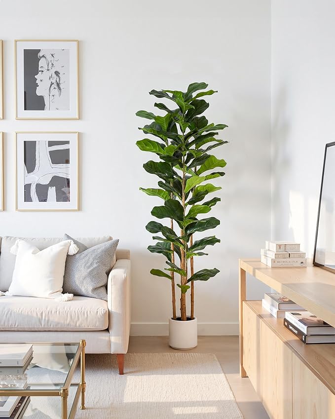 Fiddle Leaf Fig Tree, 6FT Faux Trees Indoor,Tall FakeTree with Decorative planters,Natural Wood Trunk & Realistic Fiddle Leaf, Artificial Plants for Home Office, Living Room, Outdoor