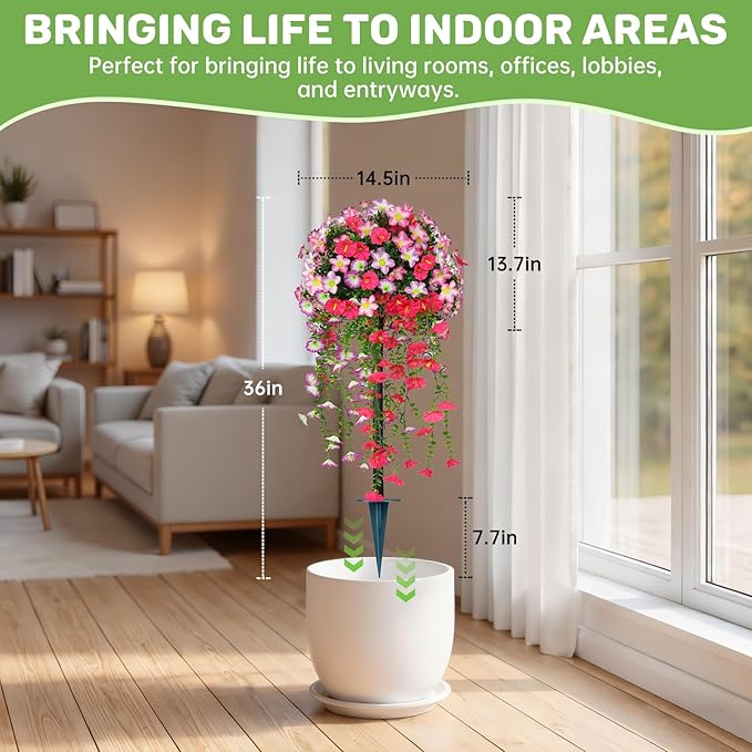 Grooy Artificial Plants Flowers Topiary Ball for Outdoor, 2 Pack Fake Silk Morning Glory Plant Bushes, UV Resistant Realistic Plants Shurbs for Outside,Front Porch,Patio,Yard(Pink)