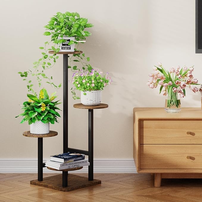 Homsorout Plant Stand Indoor with Grow Light,4-Tiered Tall Plant Stand Indoor, Metal Plant Shelf with Adjustable Light, Ideal for Living Room, Garden, Patio (Black Brown)