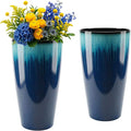 21 inch Tall Planter, Set of 2 Tall Planters for Outdoor & Indoor Plants, Large Outdoor Planters for Front Porch, Patio, Garden (Blue Flowing Glaze)