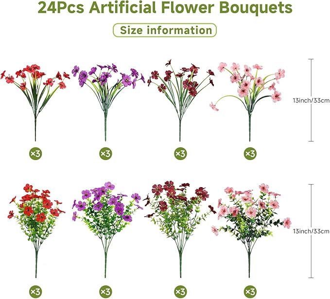 Alupssuc 24 Bundles Artificial Flowers for Outdoors Decoration, UV Resistant Silk Faux Floral Spring Summer Fake Plastic Plants Greenery for Outside Indoor Garden Porch Window Box Home Decor(4 Colors)