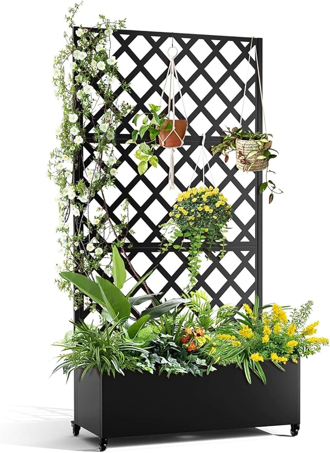 Metal Raised Garden Bed with Trellis and Wheels, 72"x35" Planter Box for Climbing Plants, Vegetables & Vines, Features Drainage Holes and Privacy Screen
