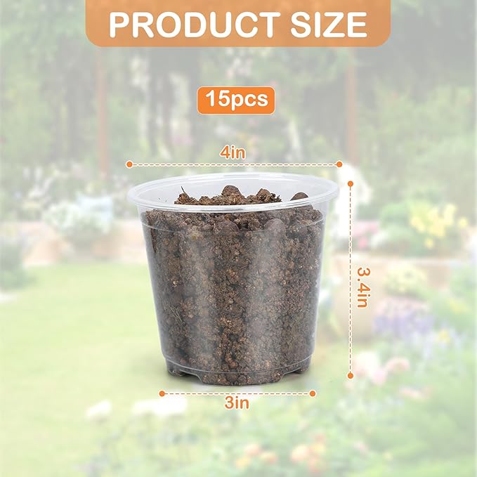 15 Pack Clear Nursery Pots with Drainage Holes, 4 Inch Seed Starting Plastic Plant Pots, Transparent Variety Pack Flexible Garden Pot for Outdoor Indoor (Clear, 4 Inch)