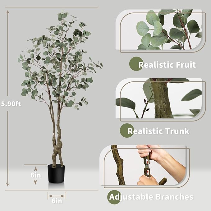 Faux Eucalyptus Tree 6ft(72in) Tall Artificial Plant Indoor Decor Handmade Natural Fake Eucalyptus Tree for Wedding Realistic Lifelike Leaves in Pot for Home Living Room,Office,Outdoor Decor.