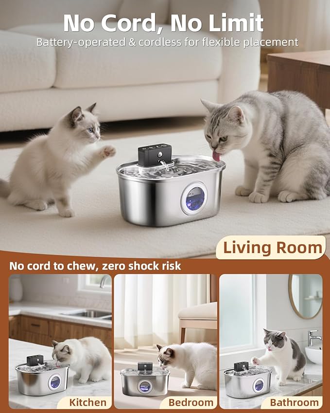 Wireless Cat Water Fountain Stainless Steel, Pet Drinking Fountain Cordless – 3.2L/108oz Battery Operated Automatic Water Dispenser for Cats Indoor, with Motion Sensor & Quiet Pump (1 Filter)