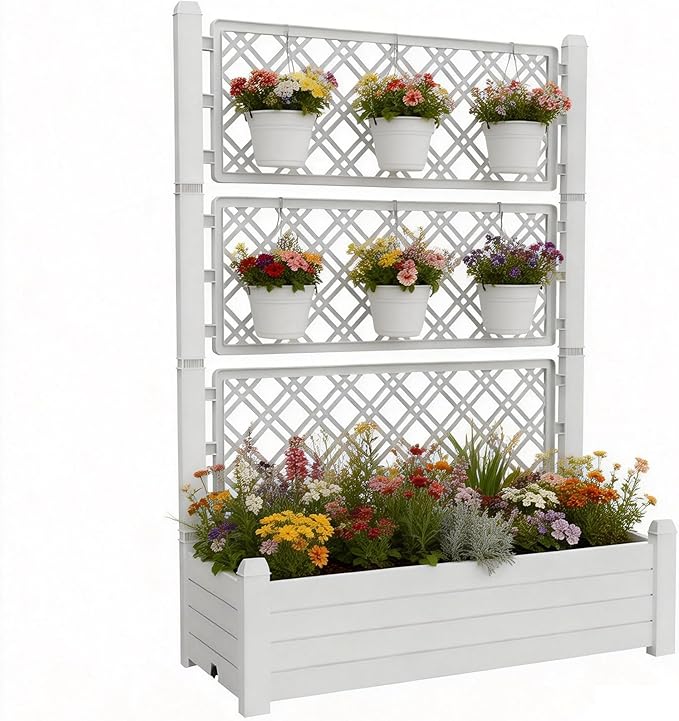 5' Tall Raised Garden Bed with Trellis, Self Watering Planter Box for Outdoor Climbing Plants Resin Garden Lattice for Vegetables, Flowers, Tomato & Vine with Drainage Holes (Ashen, 1 PC)