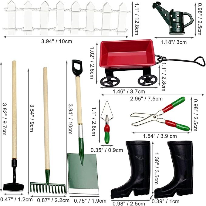 Miniature Fairy Garden Farming Tools, 9 Packs 1:12 Mini Metal Spade Pestle Rake Wagon Kettle Wood Fence Yard Supplies Scene Model Set Dollhouse Decor Accessories