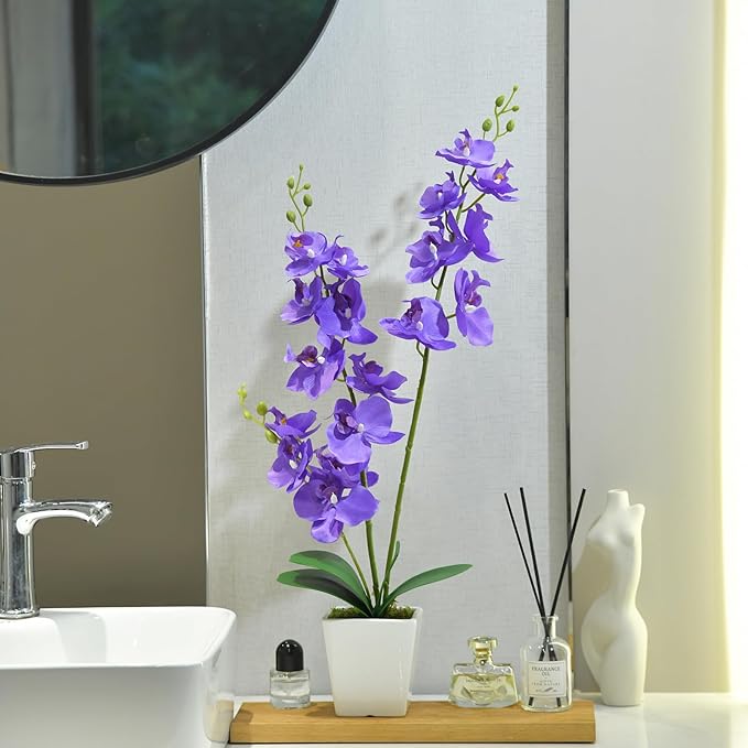 Faux Orchid in Vase Large Artificial Orchid in Ceramic Vase Silk Orchids with Stems Real Look Potted Phalaenopsis Flowers Arrangement Centerpiece Table Decorations for Home Decor Indoor, Purple