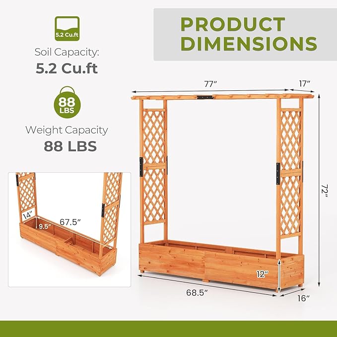 BECOMFORT Raised Garden Bed with Trellis & Hanging Roof, 72" Tall Fir Wood Planter Box with Drainage Holes, Outdoor Elevated Garden Planter for Climbing Vines (Orange, 77" Lx17 Wx72 H)