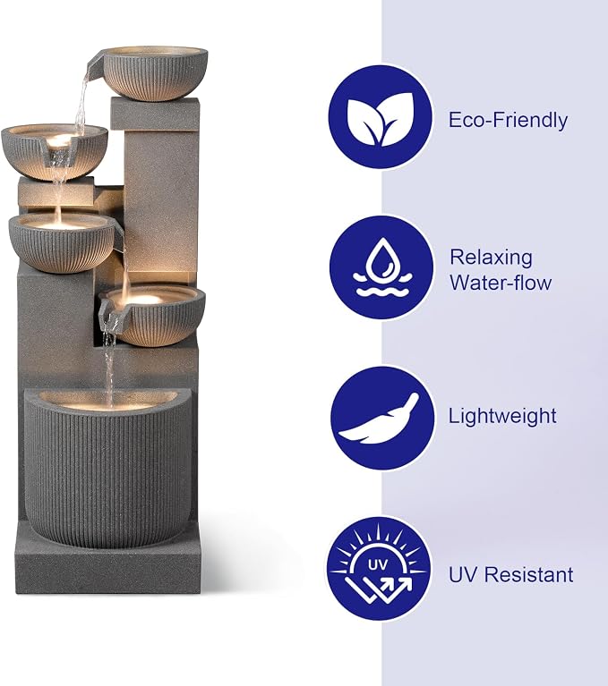 39.76” H 5-Tiers Cascading Bowls Outdoor Water Fountain Made with Eco-Friendly Recyclable Materials, Polyethylene Waterfall Fountain, Outdoor Decor with LED Lights for Patio, Backyard (39.76")