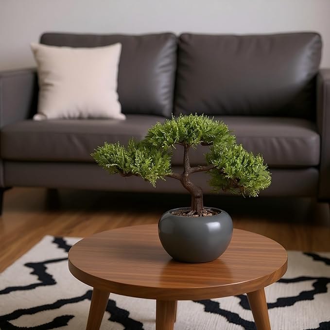9.5 Inch Artificial Bonsai Tree with Ceramic Pot - Decorative Fake Plant for Home Office Living Room Window Sill, Fake Plants for Year-Round Decoration（Gray）