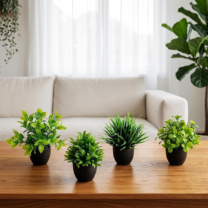 4 Pack Fake Plants Small Artificial Potted Plants for Home Office Desk Decor, Mini Faux Greenery with Black Pots, Assorted Artificial Grass & Leaf Plants for Indoor Shelf Bathroom Kitchen Decoration