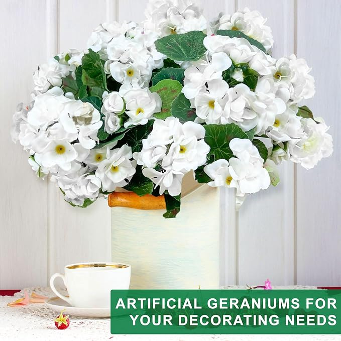 TURNMEON Artificial Geraniums Flowers for Outdoors Summer Decoration, 4 Bundles Fake Flowers Silk White Flowers UV Resistant No Fade Faux Plants for Planter Gardens Table Porch Indoor Cemetery Decor