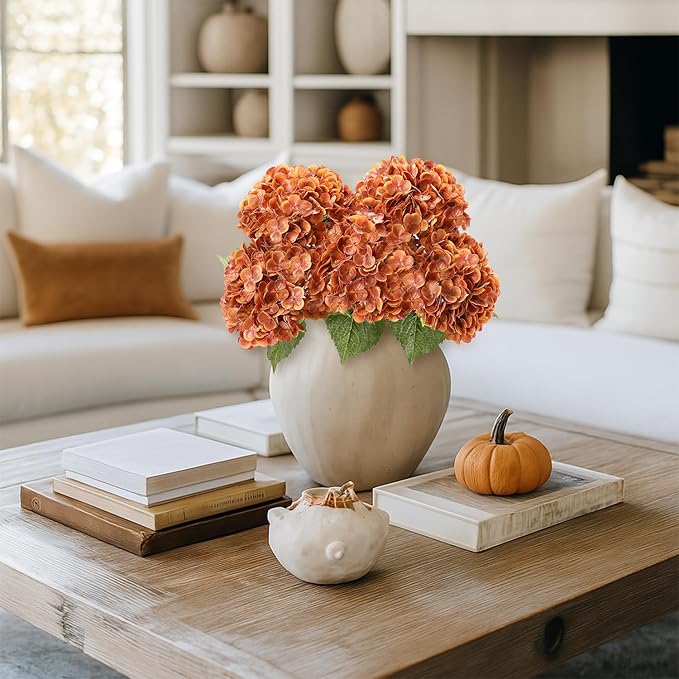Coferset Fall Orange Hydrangea Artificial Flowers 3pcs Lifelike Faux Hydrangea Real Touch Fake Flowers for Home Wedding Christmas Office Party Living Room Decoration,22inch